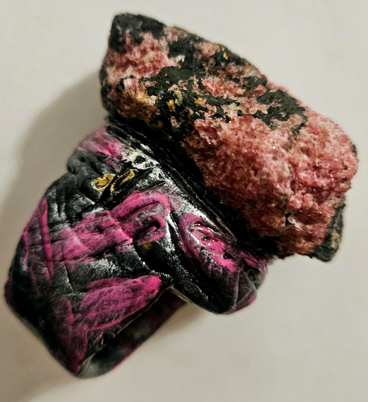 Rough Rhodochrosite Sculpted Statement Ring - Pink & Black Crystal