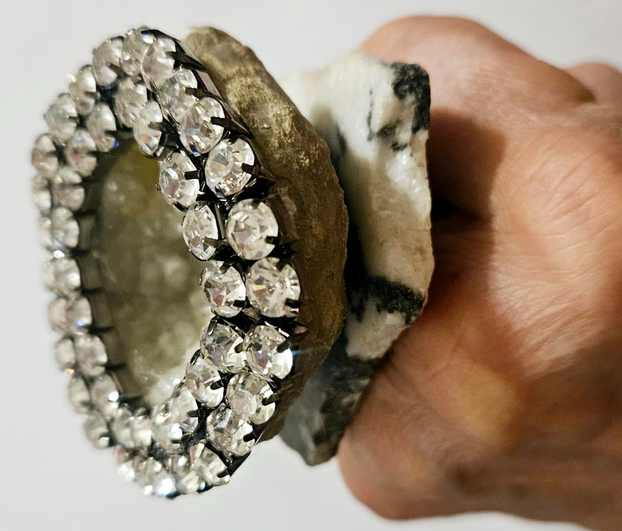 Rhinestone Geode & Jasper Slab Adjustable Statement Ring Dramatic