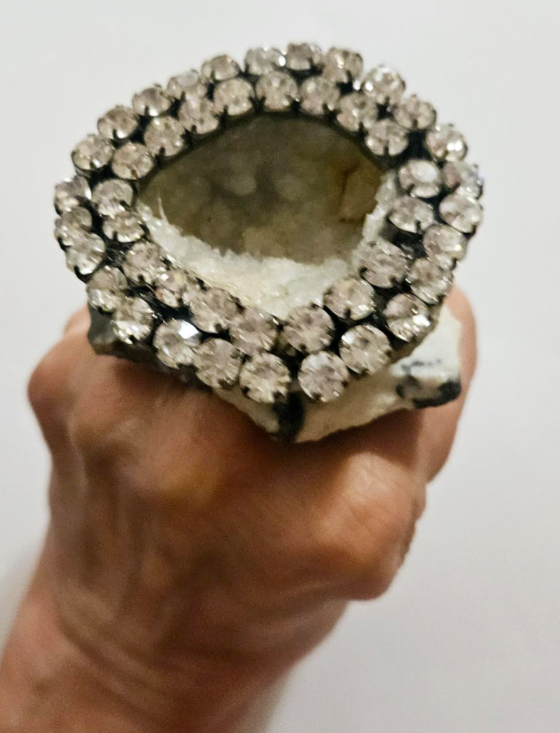 Rhinestone Geode & Jasper Slab Adjustable Statement Ring Dramatic