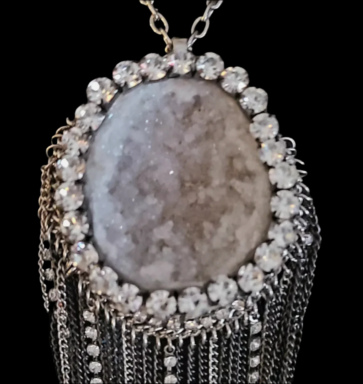 Geode Gemstone Pendant with Rhinestone Waterfall Chain Rhinestone Cr