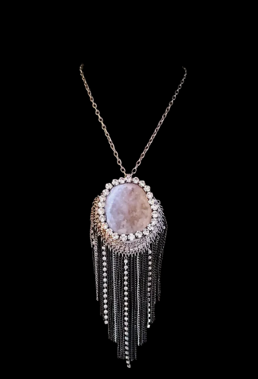 Geode Gemstone Pendant with Rhinestone Waterfall Chain Rhinestone Cr