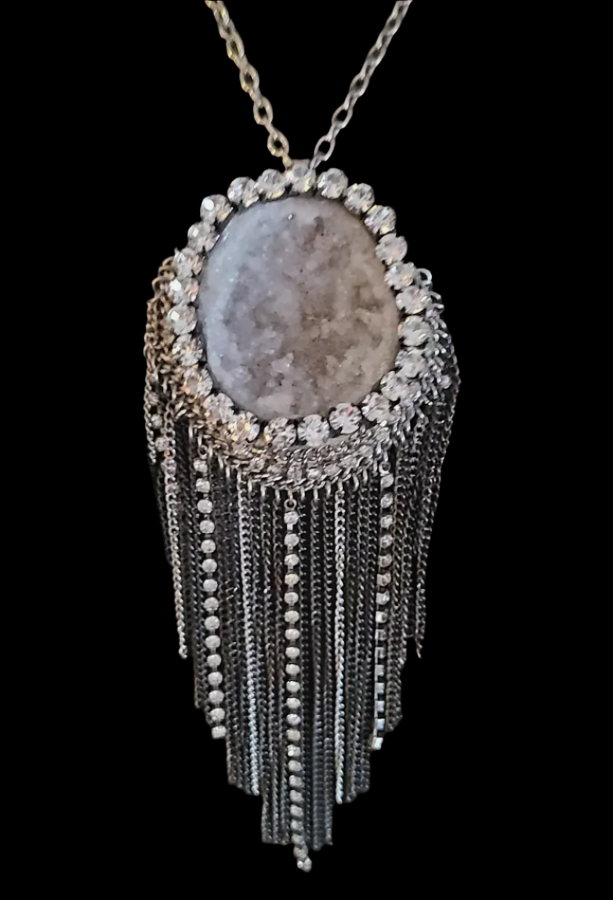 Geode Gemstone Pendant with Rhinestone Waterfall Chain Rhinestone Cr