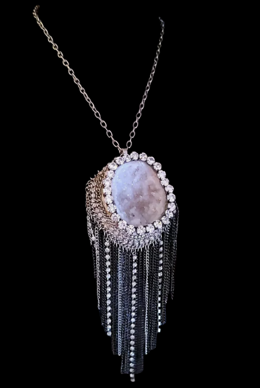 Geode Gemstone Pendant with Rhinestone Waterfall Chain Rhinestone Cr