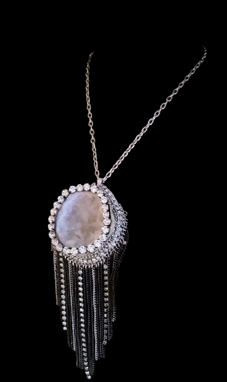 Geode Gemstone Pendant with Rhinestone Waterfall Chain Rhinestone Cr
