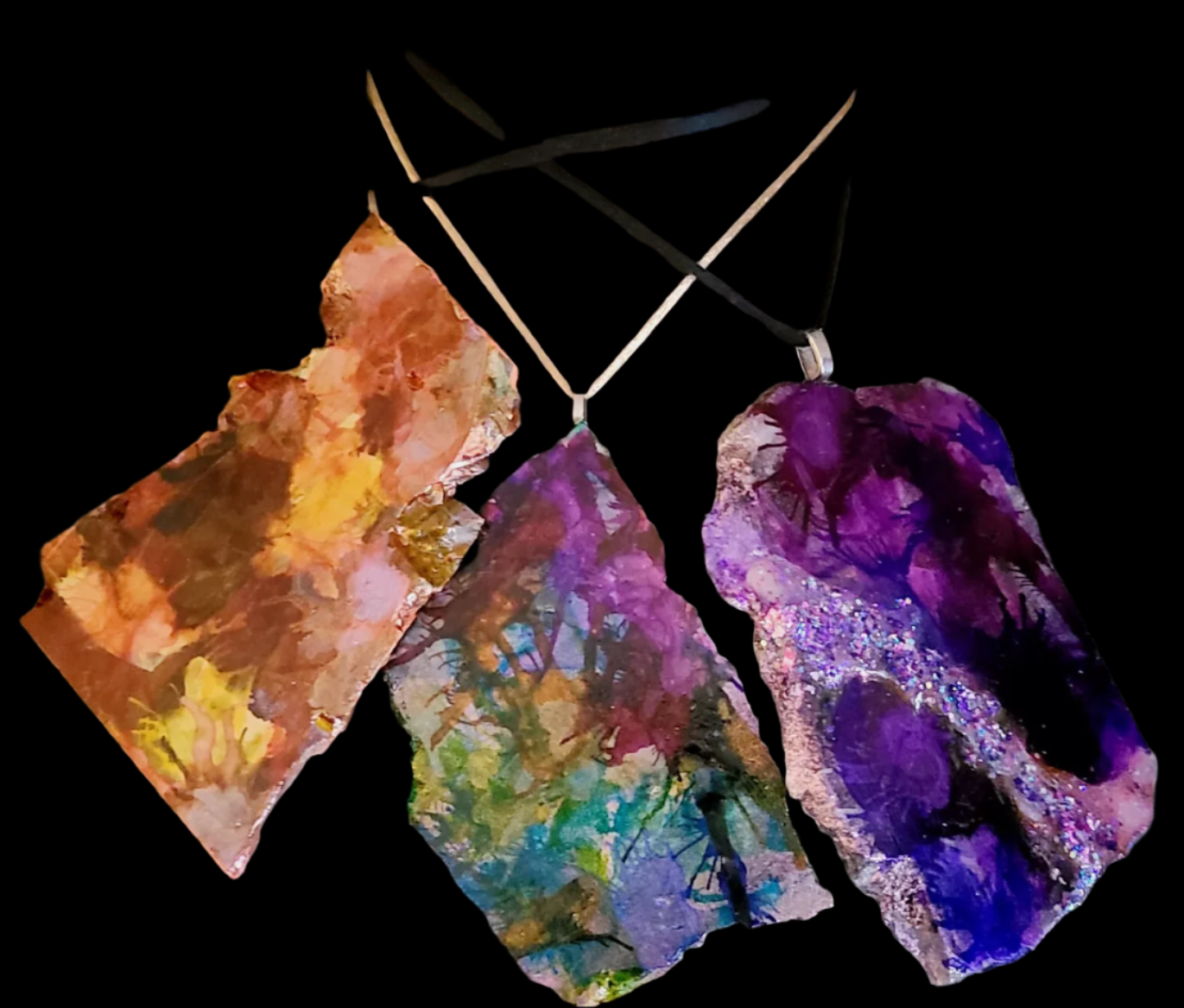 Colorful Alcohol Ink Painted Slab Gemstone Pendant Set Jeans Jewelry