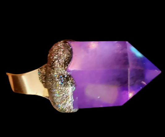 Lavender Aura Phantom Quartz Point Adjustable Ring - Purple Crystal