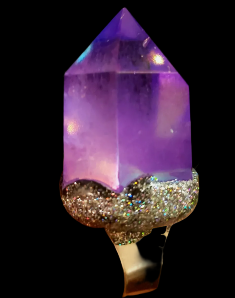 Lavender Aura Phantom Quartz Point Adjustable Ring - Purple Crystal