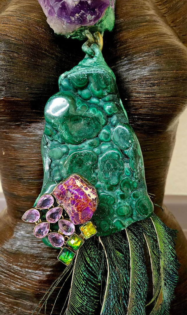Malachite Amethyst & Peacock Sword Feather Chest Piece - Artisan