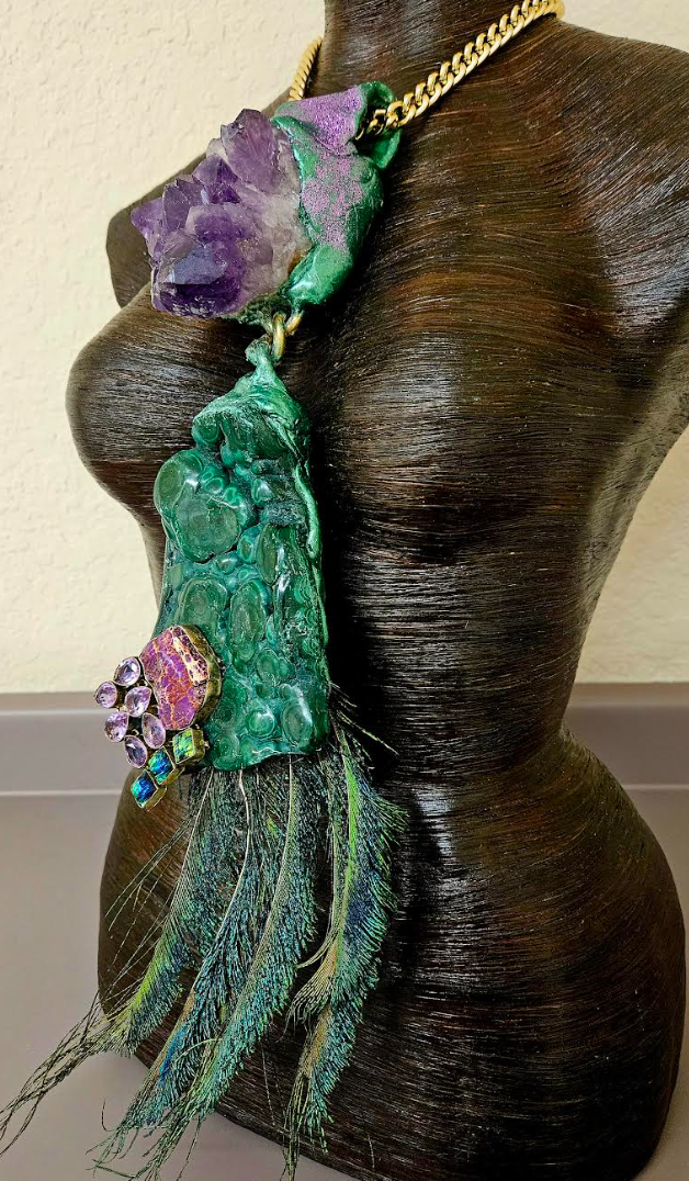 Malachite Amethyst & Peacock Sword Feather Chest Piece - Artisan