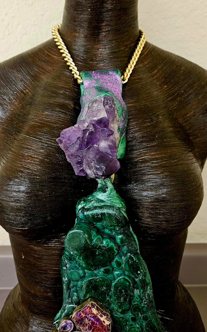 Malachite Amethyst & Peacock Sword Feather Chest Piece - Artisan