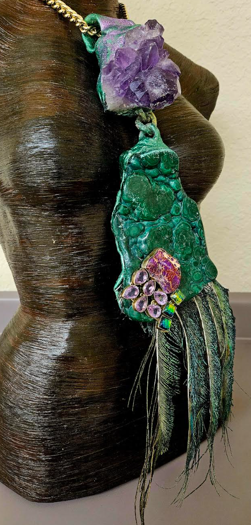 Malachite Amethyst & Peacock Sword Feather Chest Piece - Artisan