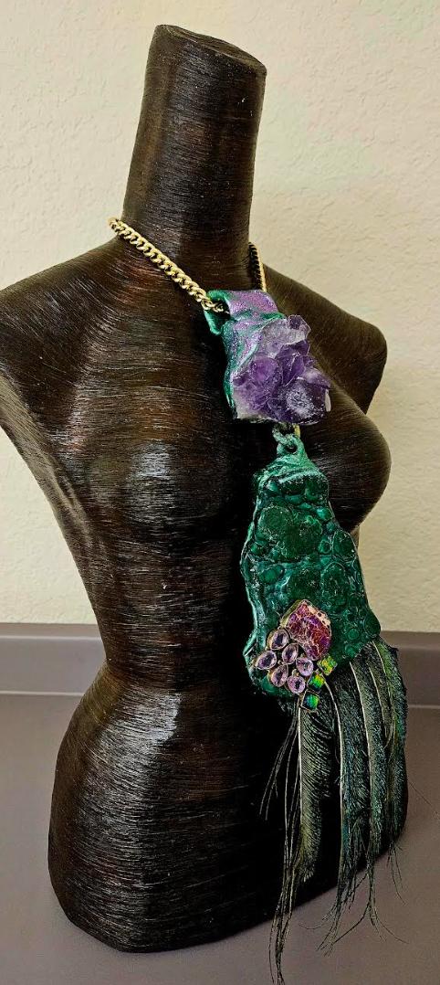 Malachite Amethyst & Peacock Sword Feather Chest Piece - Artisan