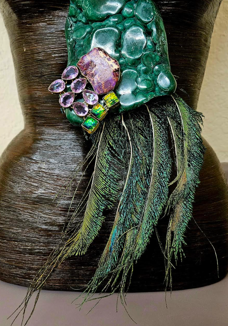 Malachite Amethyst & Peacock Sword Feather Chest Piece - Artisan