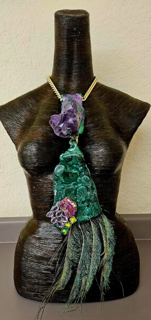 Malachite Amethyst & Peacock Sword Feather Chest Piece - Artisan
