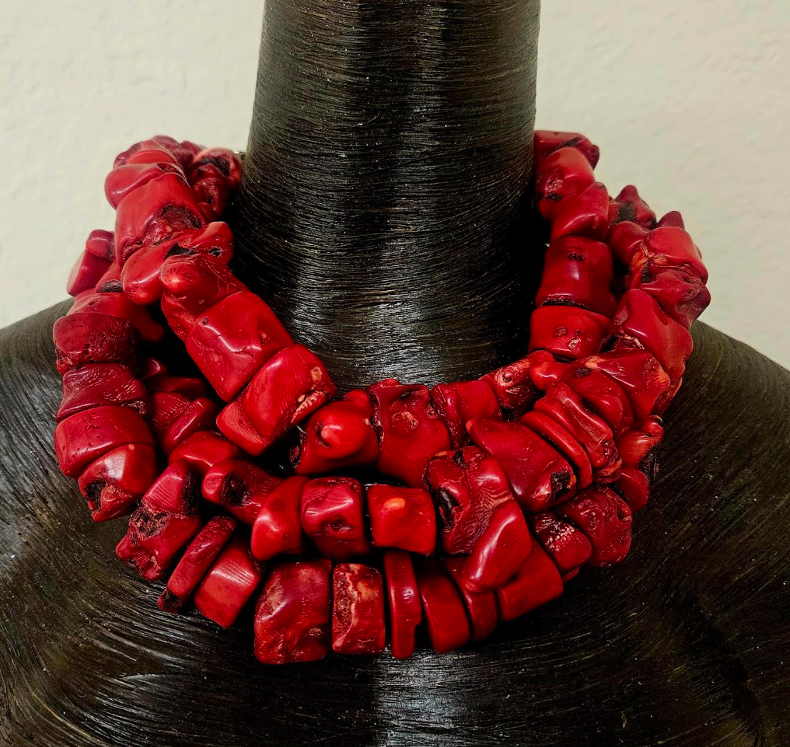 Red Coral Necklace - Bold Three Strand Luxury Statement