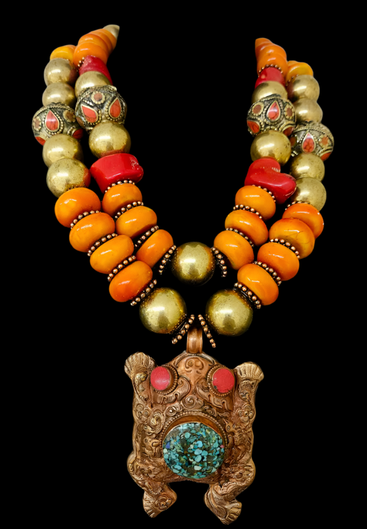Exotic Tribal Beaded Autumn Necklace - Frog Pendant