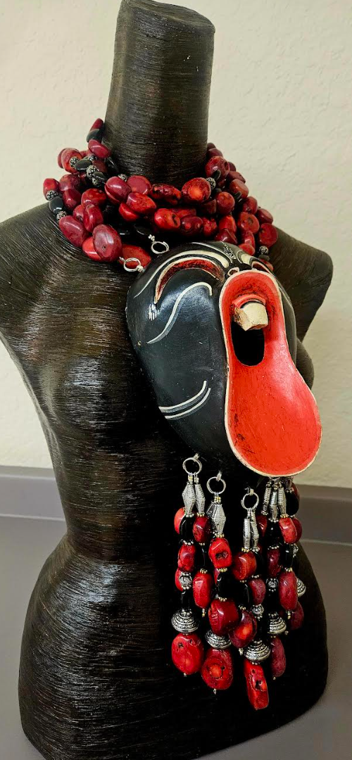 Tribal Beaded Red Coral Scream Mask Chest Piece - Theatrical Artistry