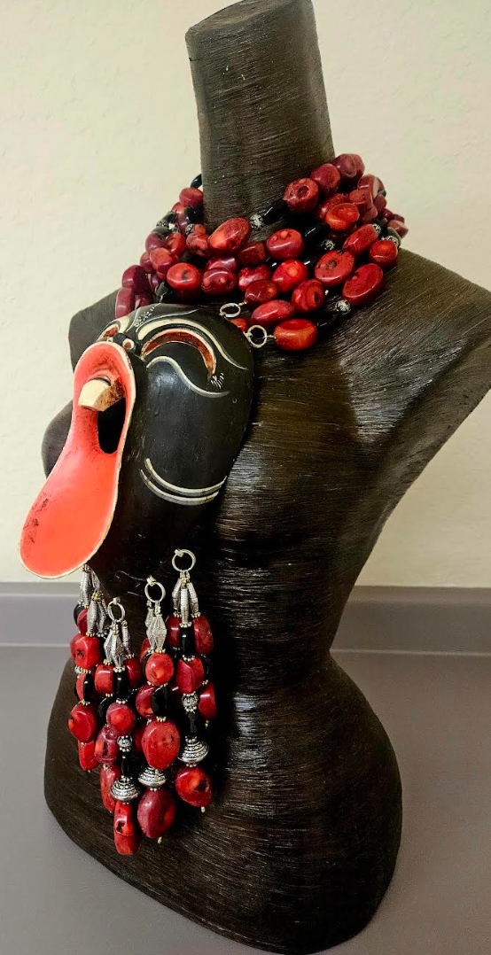 Tribal Beaded Red Coral Scream Mask Chest Piece - Theatrical Artistry