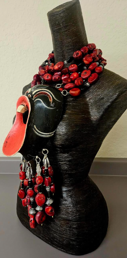 Tribal Beaded Red Coral Scream Mask Chest Piece - Theatrical Artistry