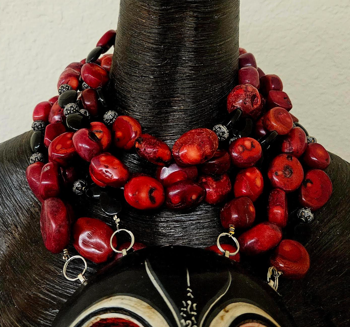 Tribal Beaded Red Coral Scream Mask Chest Piece - Theatrical Artistry