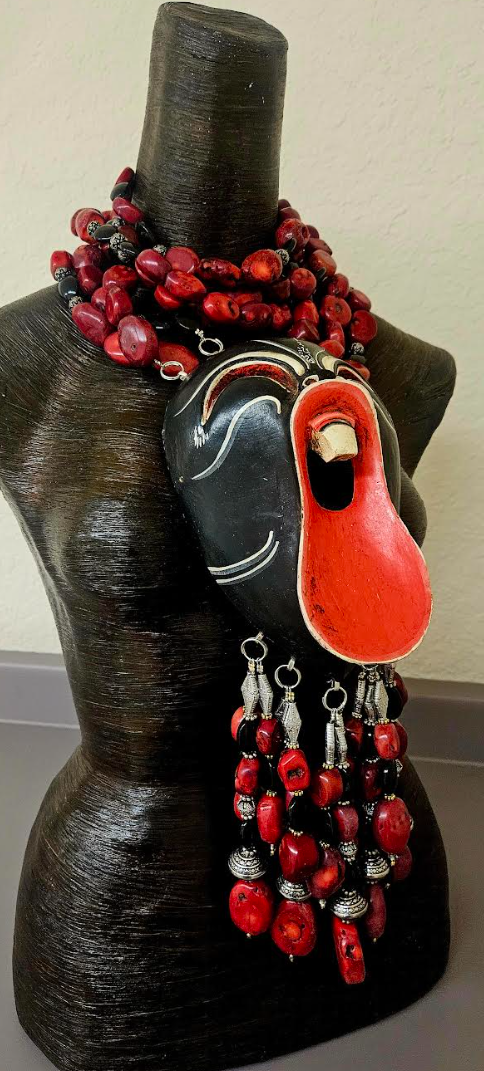 Tribal Beaded Red Coral Scream Mask Chest Piece - Theatrical Artistry