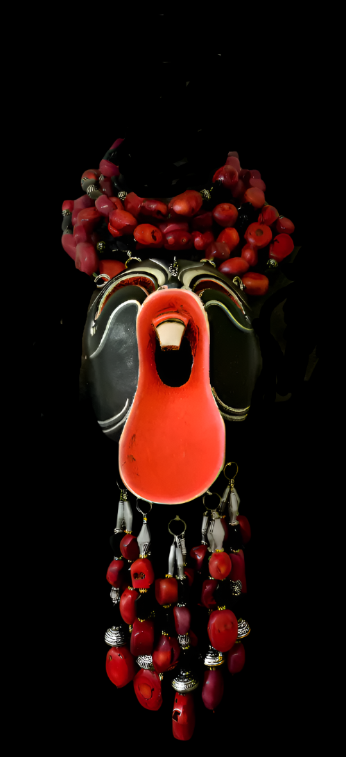 Tribal Beaded Red Coral Scream Mask Chest Piece - Theatrical Artistry