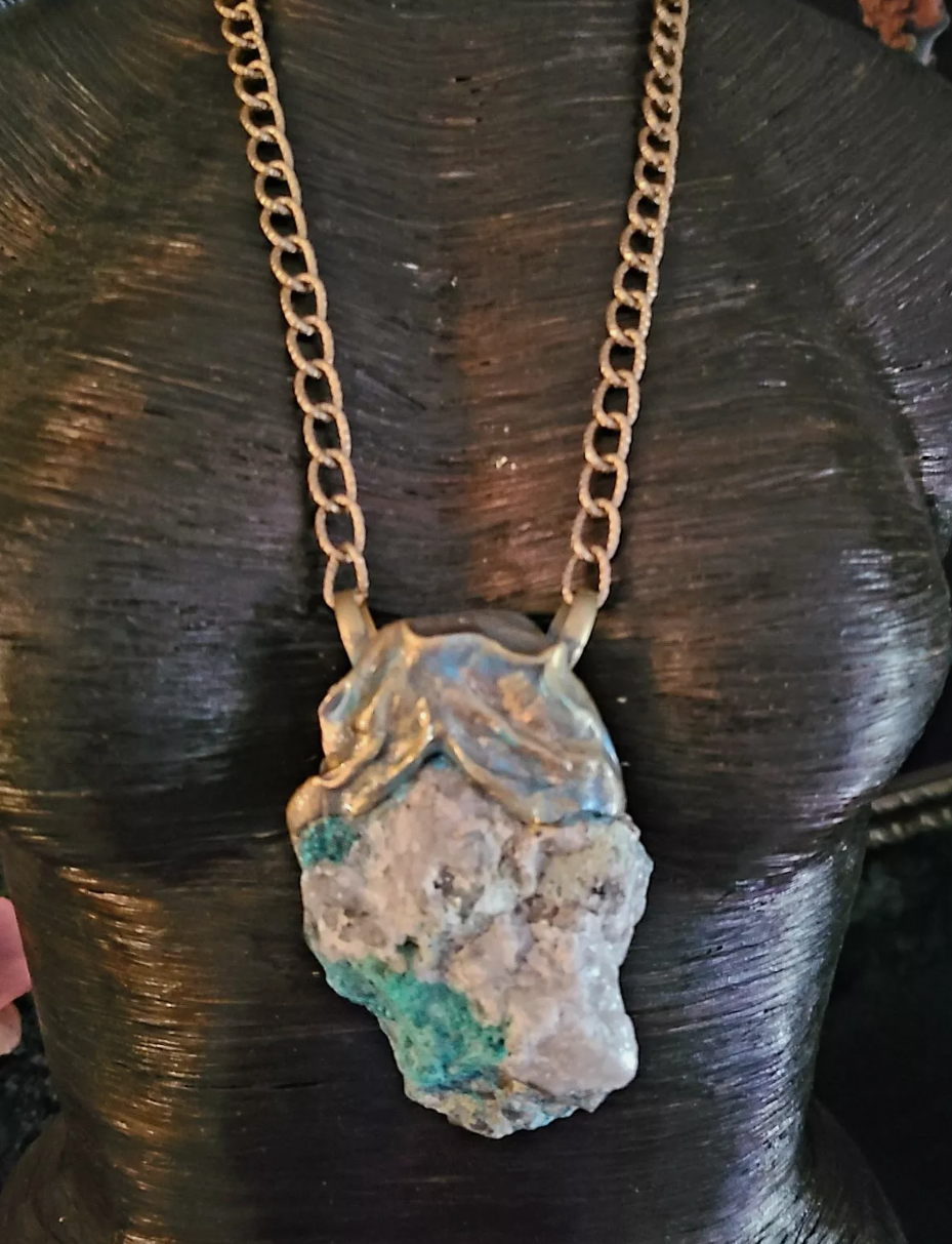 Chrysocolla Sculpted Pedant - Gemstone With Textured Chain