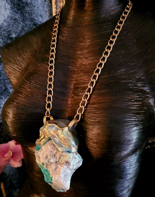Chrysocolla Sculpted Pedant - Gemstone With Textured Chain