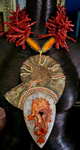 Ammonite & Coral Statement Necklace Pendant – OOAK Power Relic