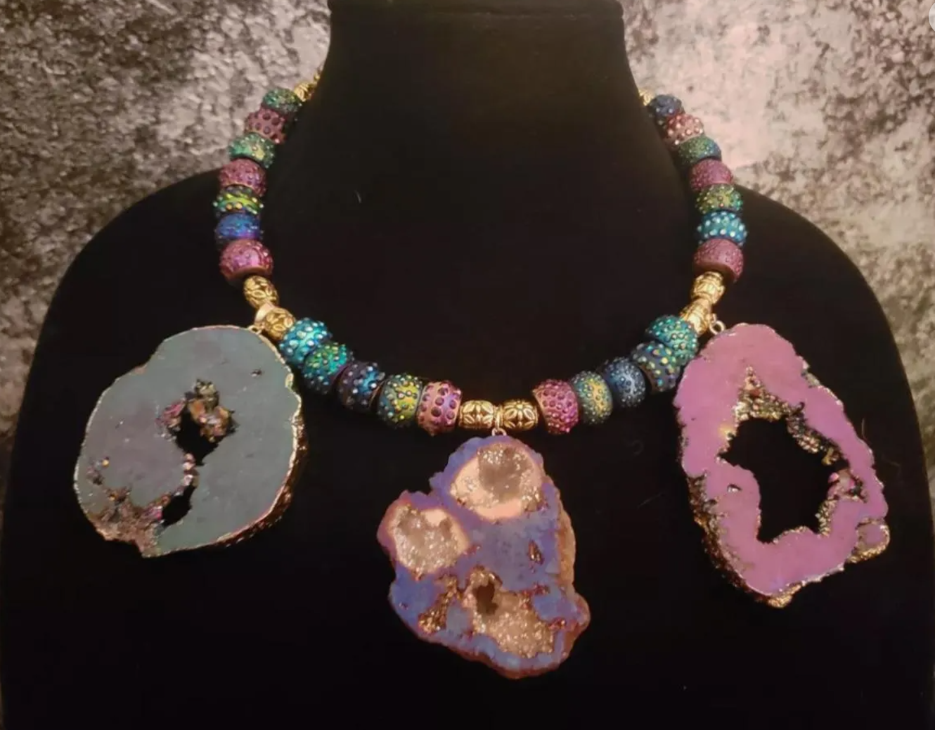 Jewel Tone Druzy Slice Torc - Titanium Quartz Rainbow Stone Necklace