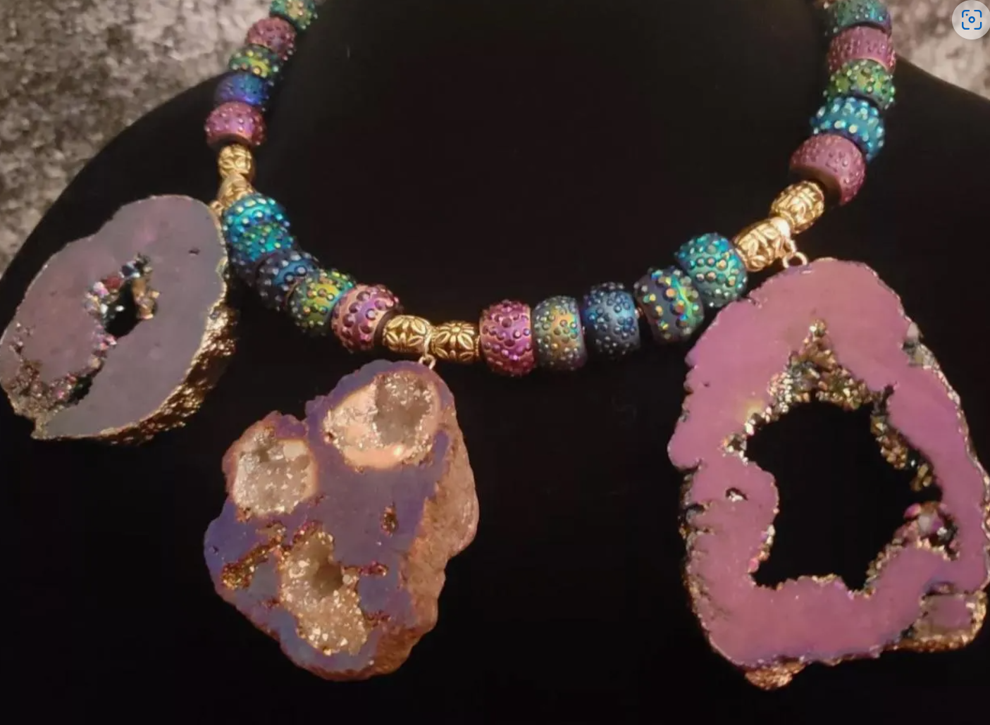 Jewel Tone Druzy Slice Torc - Titanium Quartz Rainbow Stone Necklace