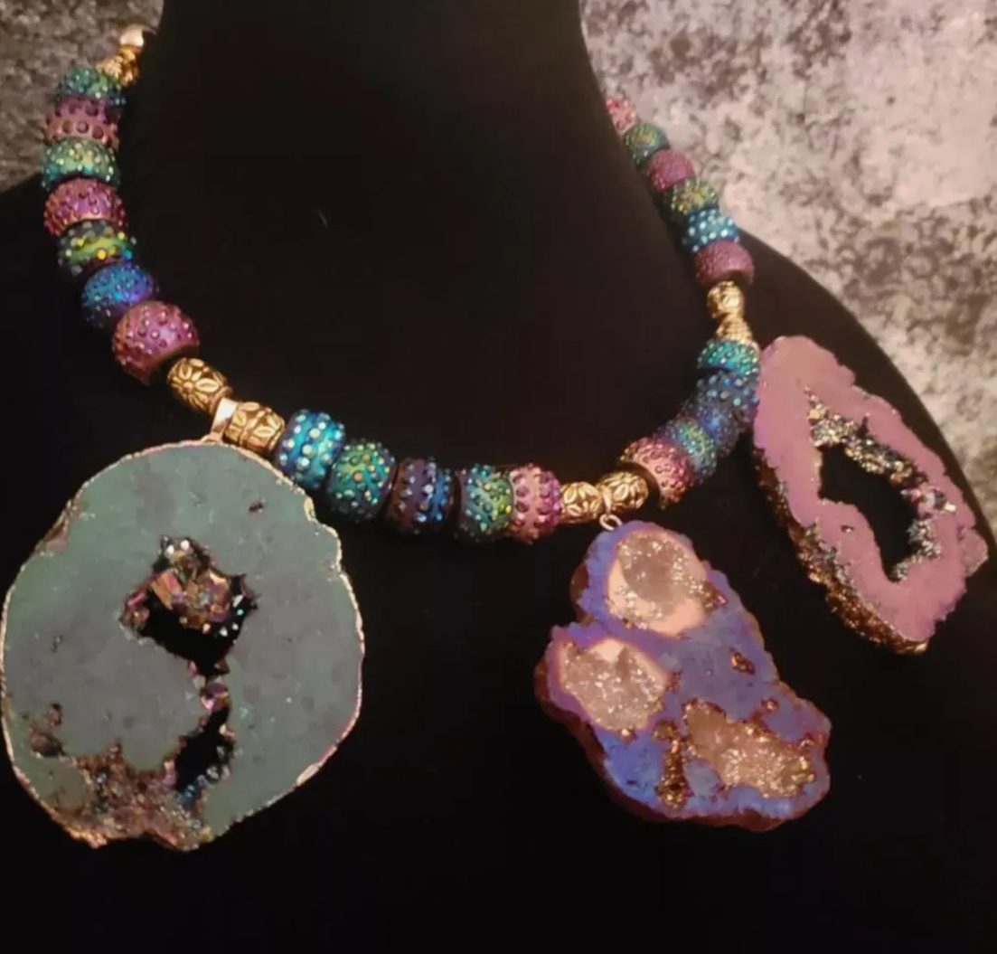 Jewel Tone Druzy Slice Torc - Titanium Quartz Rainbow Stone Necklace