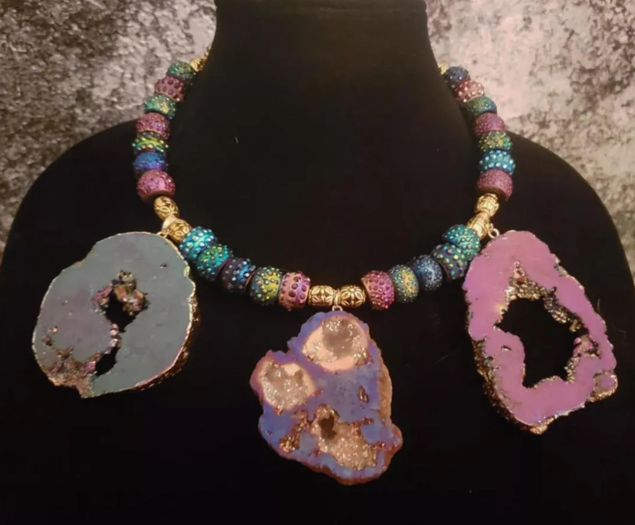 Jewel Tone Druzy Slice Torc - Titanium Quartz Rainbow Stone Necklace