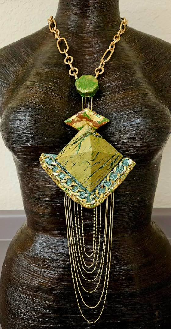 Egyptian Revival Jasper Pyramid Art Deco Pendant - OOAK Art