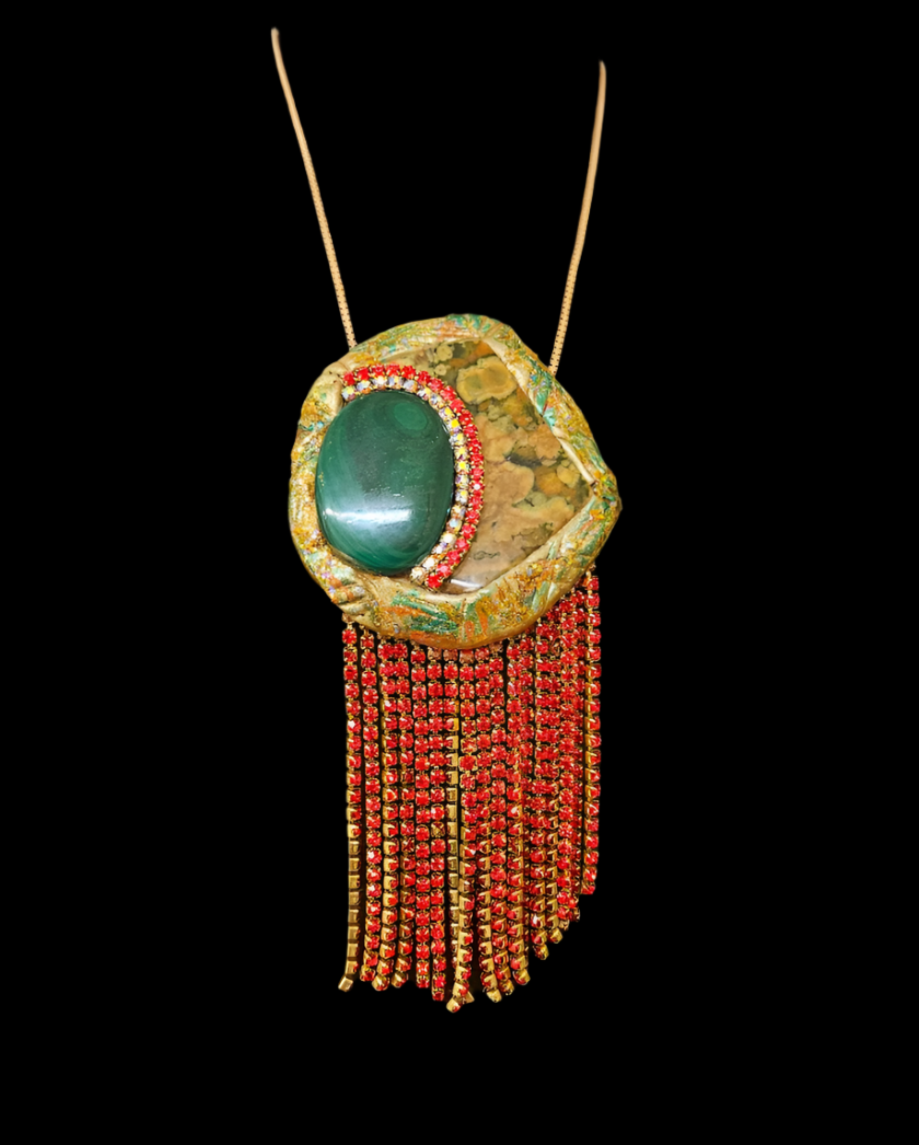 Polished Rhyolite Jasper & Malachite Pendant - Red Rhinestone Fringe