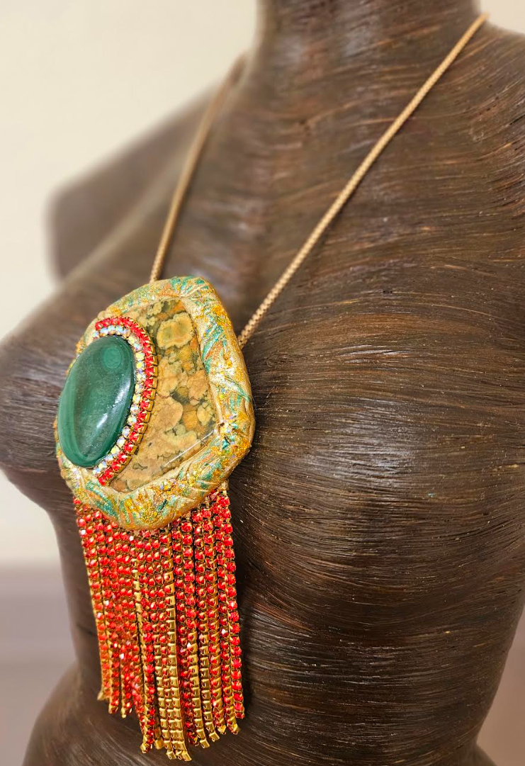 Polished Rhyolite Jasper & Malachite Pendant - Red Rhinestone Fringe