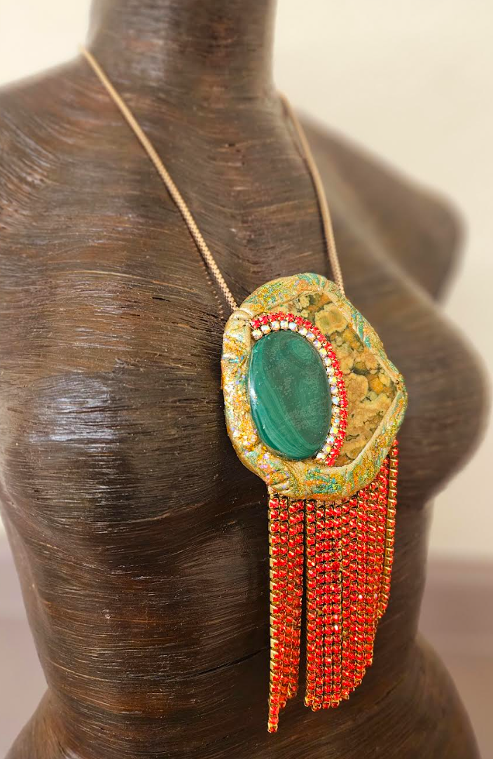 Polished Rhyolite Jasper & Malachite Pendant - Red Rhinestone Fringe