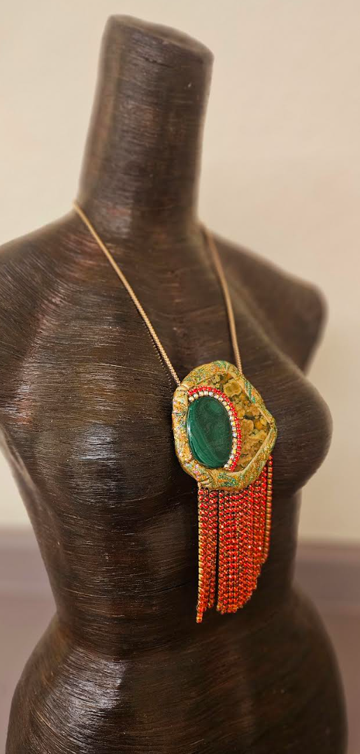 Polished Rhyolite Jasper & Malachite Pendant - Red Rhinestone Fringe