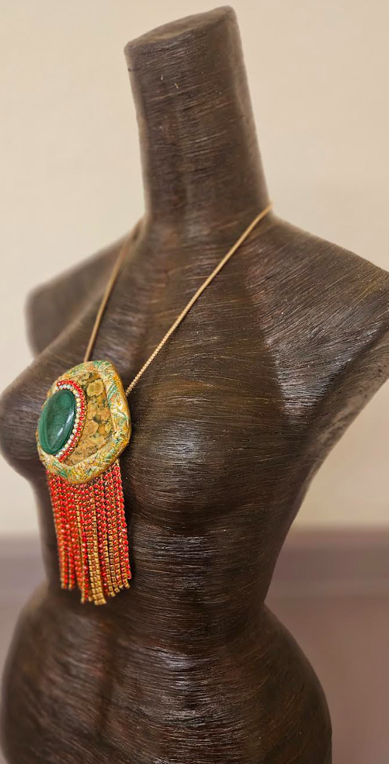 Polished Rhyolite Jasper & Malachite Pendant - Red Rhinestone Fringe