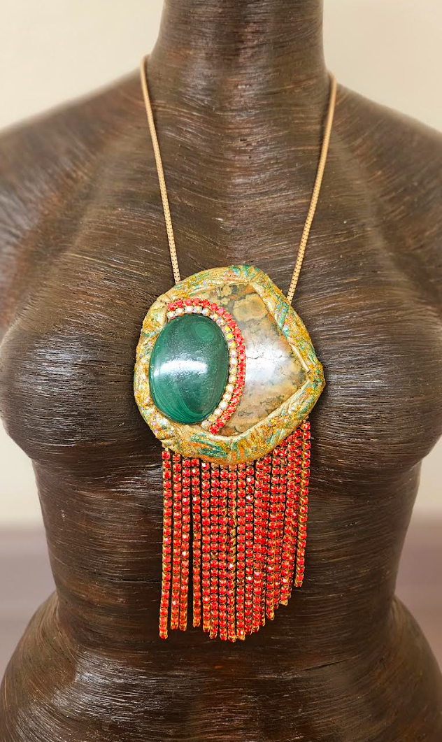 Polished Rhyolite Jasper & Malachite Pendant - Red Rhinestone Fringe