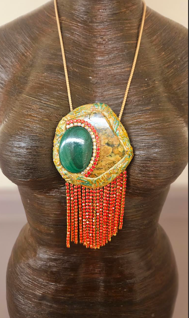 Polished Rhyolite Jasper & Malachite Pendant - Red Rhinestone Fringe