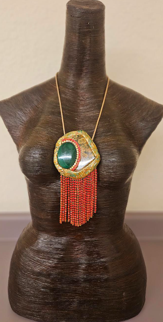 Polished Rhyolite Jasper & Malachite Pendant - Red Rhinestone Fringe