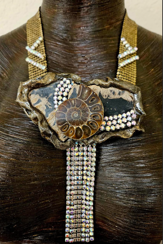 Earth Tone Jasper & Ammonite Sculpted Stone and Deco Mesh Necklace