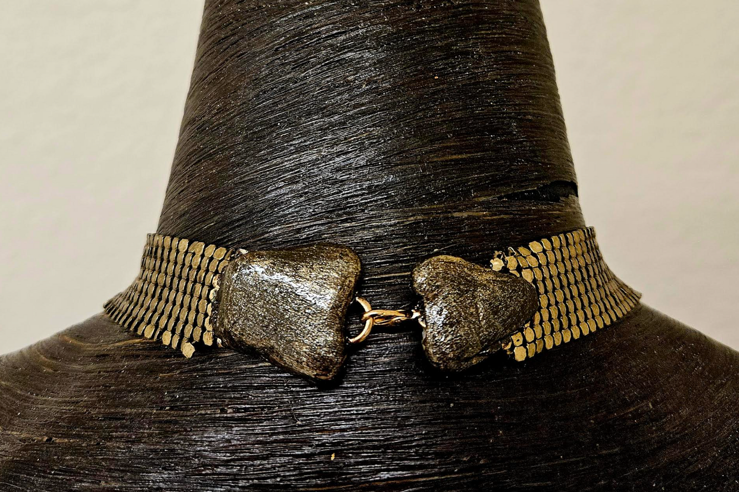 Earth Tone Jasper & Ammonite Sculpted Stone and Deco Mesh Necklace