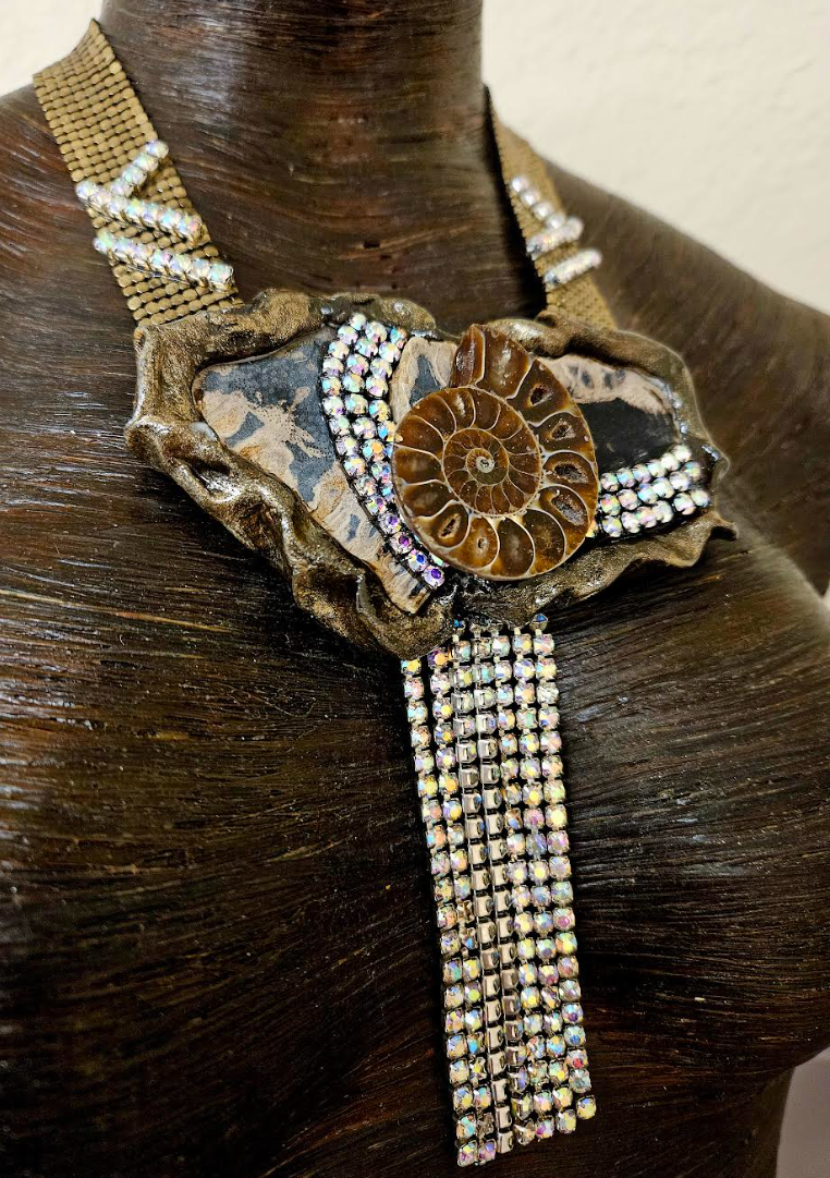 Earth Tone Jasper & Ammonite Sculpted Stone and Deco Mesh Necklace