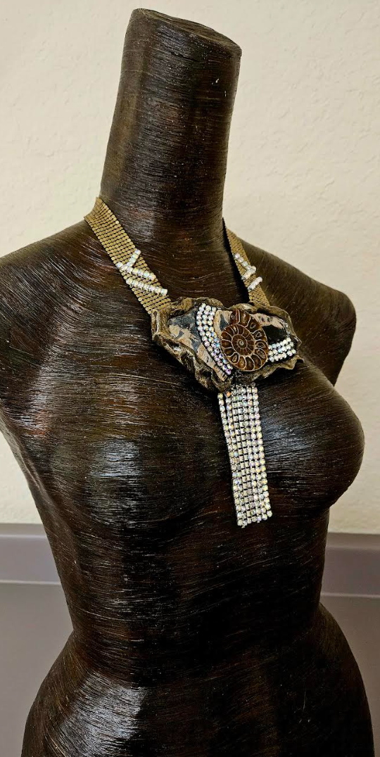 Earth Tone Jasper & Ammonite Sculpted Stone and Deco Mesh Necklace