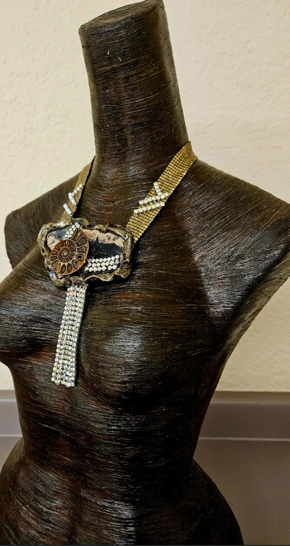 Earth Tone Jasper & Ammonite Sculpted Stone and Deco Mesh Necklace