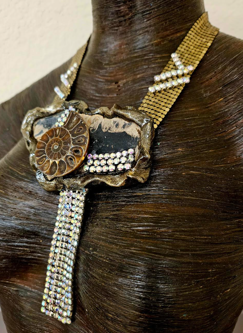 Earth Tone Jasper & Ammonite Sculpted Stone and Deco Mesh Necklace