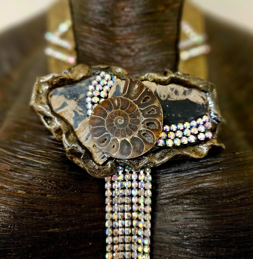 Earth Tone Jasper & Ammonite Sculpted Stone and Deco Mesh Necklace