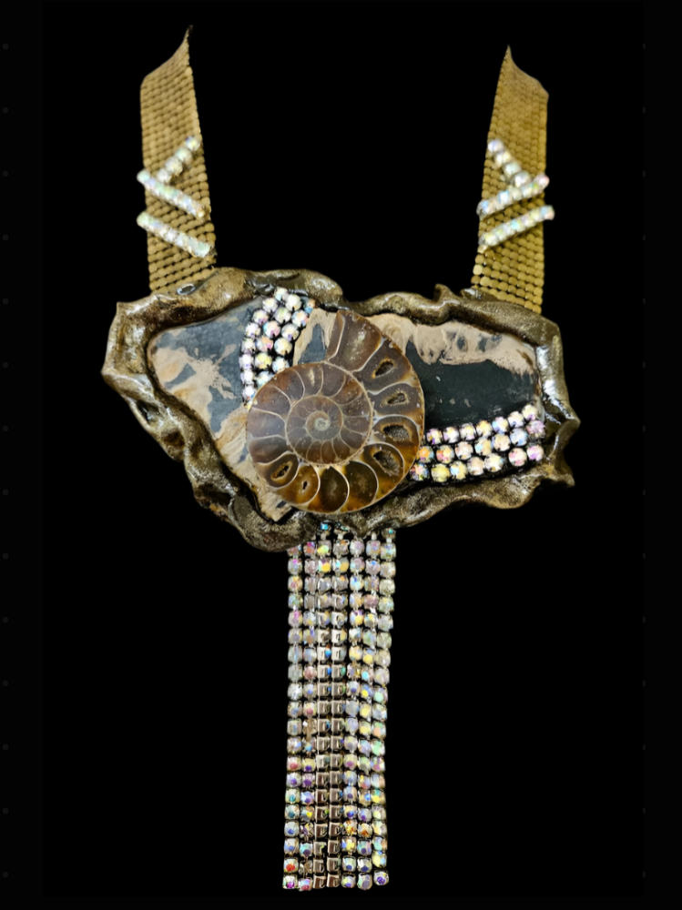 Earth Tone Jasper & Ammonite Sculpted Stone and Deco Mesh Necklace